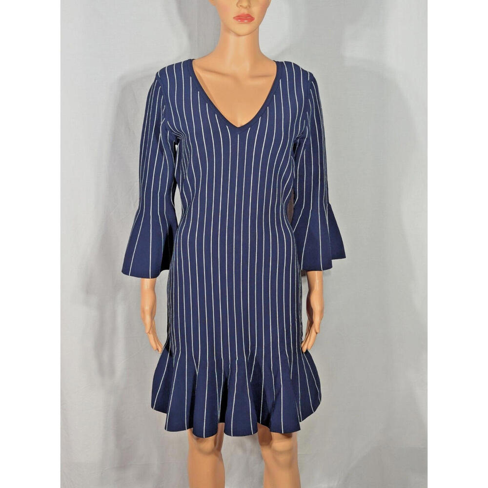 NWT MILLY Pinstripe Dress Navy/White Size L Flair Skirt Party Cocktail Workwear - Picture 2 of 9